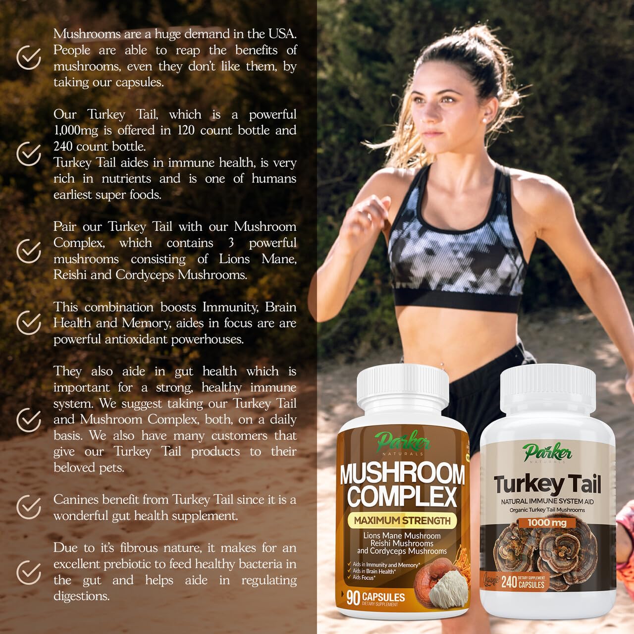 Parker Naturals Turkey Tail capsules poured into a glass.