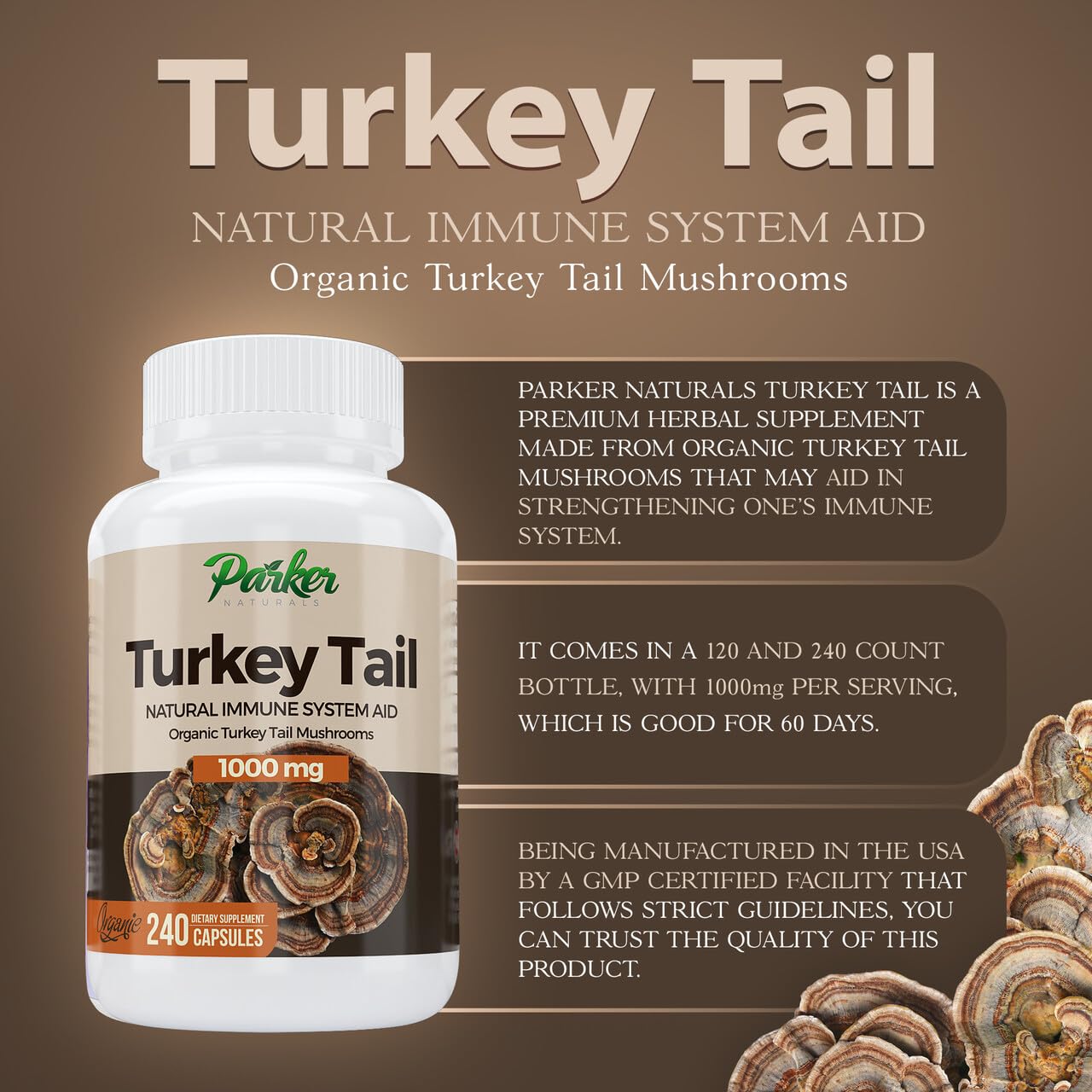 Parker Naturals Turkey Tail capsules in a daily-use setup.