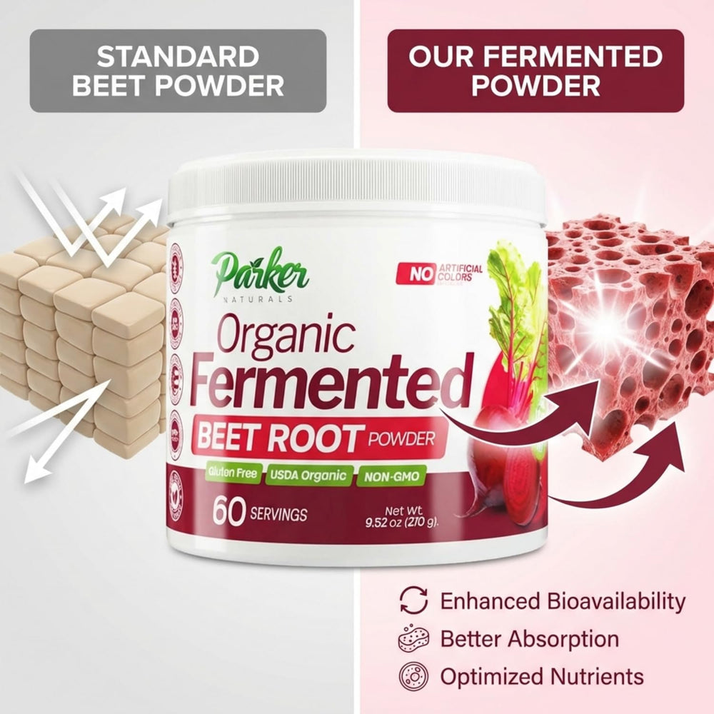 Parker Naturals beet root powder poured into a glass showing nitrate-rich blend
