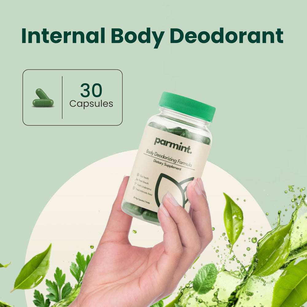 Parmint capsules close-up showing vegan gluten-free formula for gentle odor support.