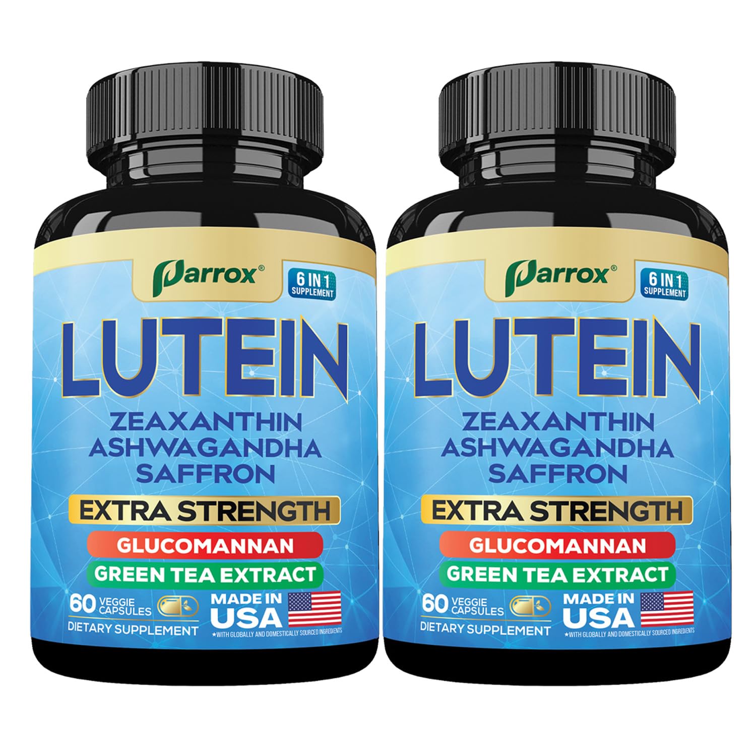 Parrox 6-in-1 eye supplement bottle front showing plant-based formula for daily eye and wellness support.