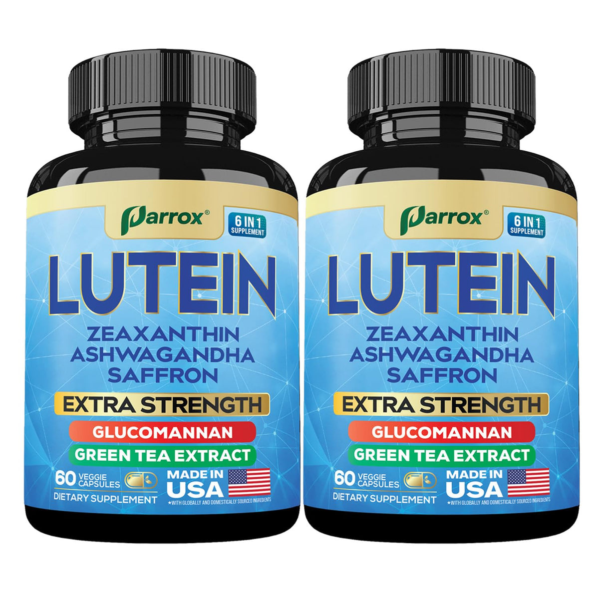 Parrox 6-in-1 eye supplement bottle front showing plant-based formula for daily eye and wellness support.