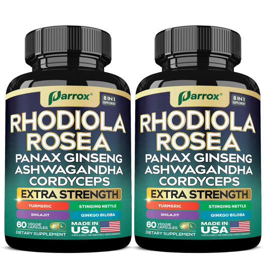 Parrox 8-in-1 adaptogen capsules on a bottle, suggesting daily wellness support