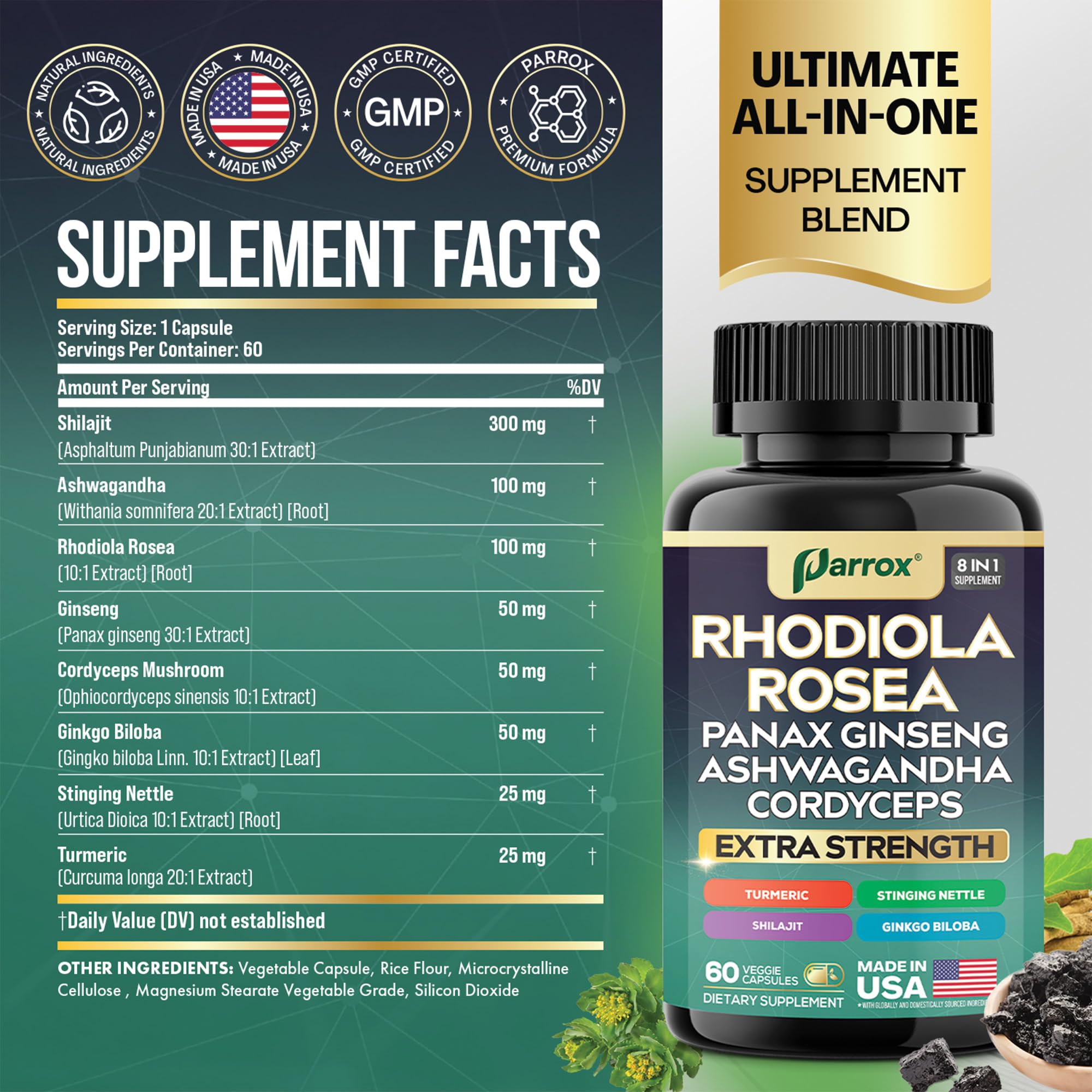 Parrox bottle with label close-up, emphasizing convenient one-capsule daily routine