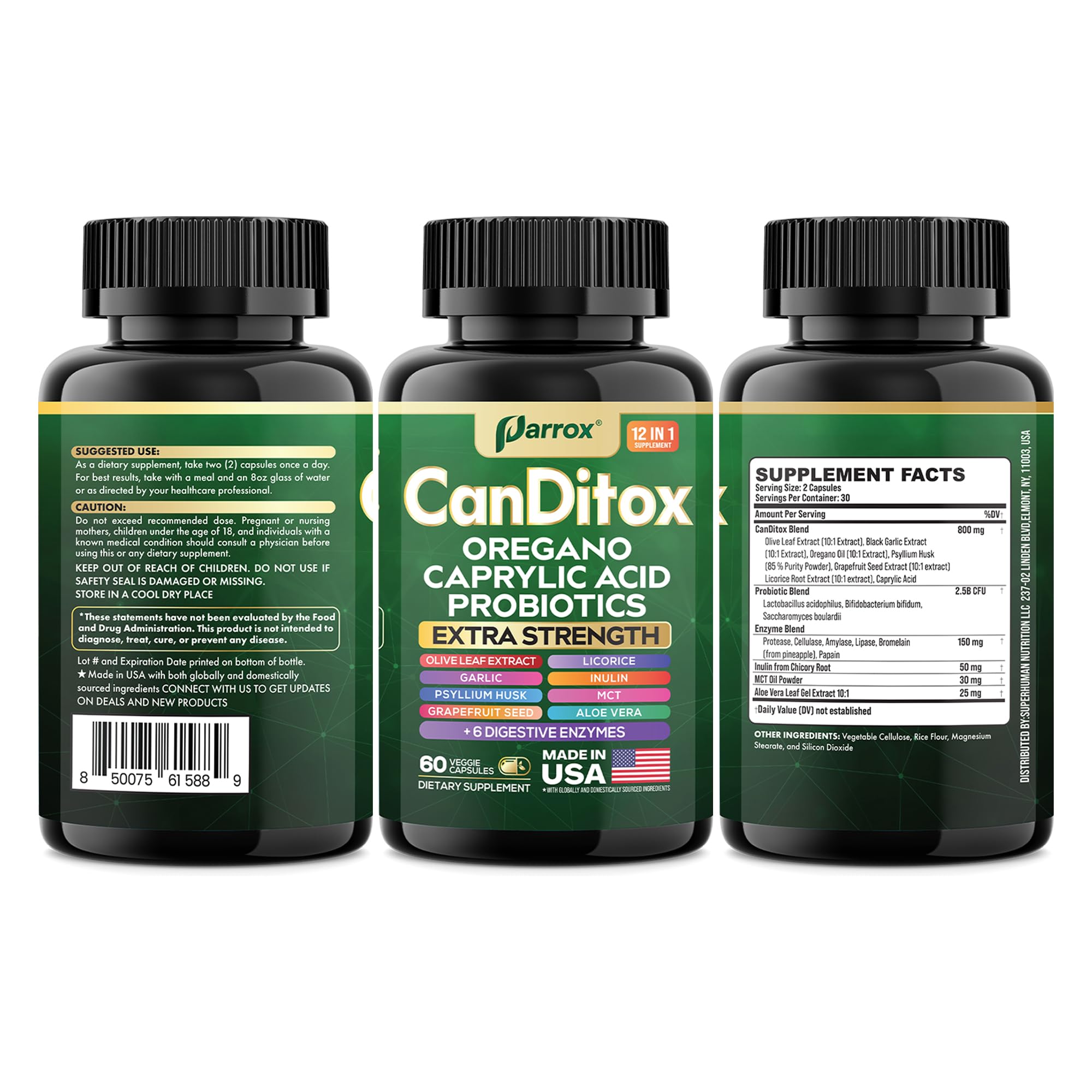 Capsule close-up highlights six digestive enzymes and related ingredients.