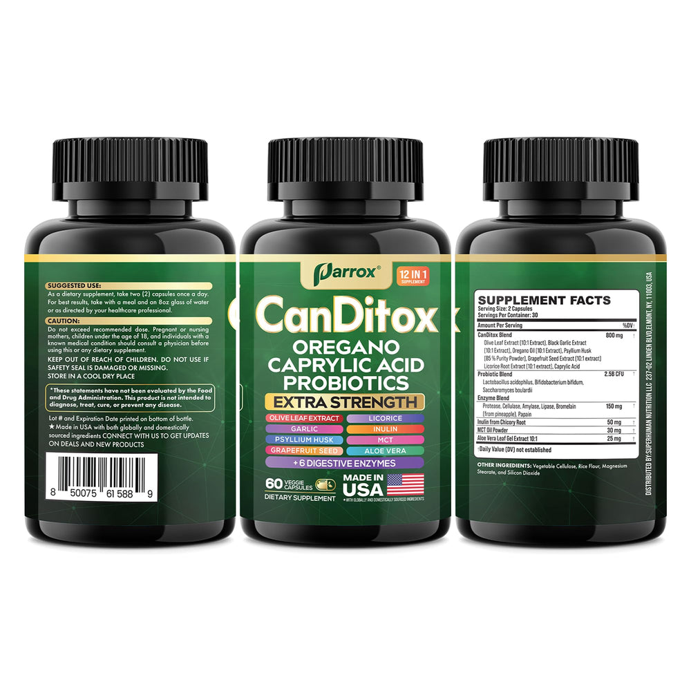 Capsule close-up highlights six digestive enzymes and related ingredients.