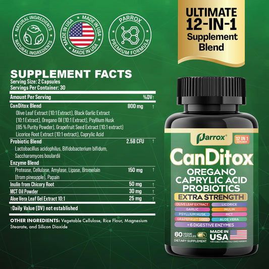 Parrox CanDitox ingredients label highlights oregano, garlic, and probiotics for gut support.