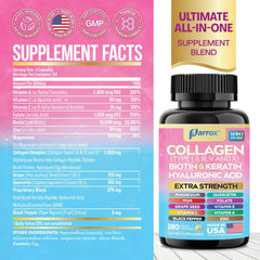 Parrox collagen types i-ii-iii-v-x capsules support skin, hair, and nails radiance.