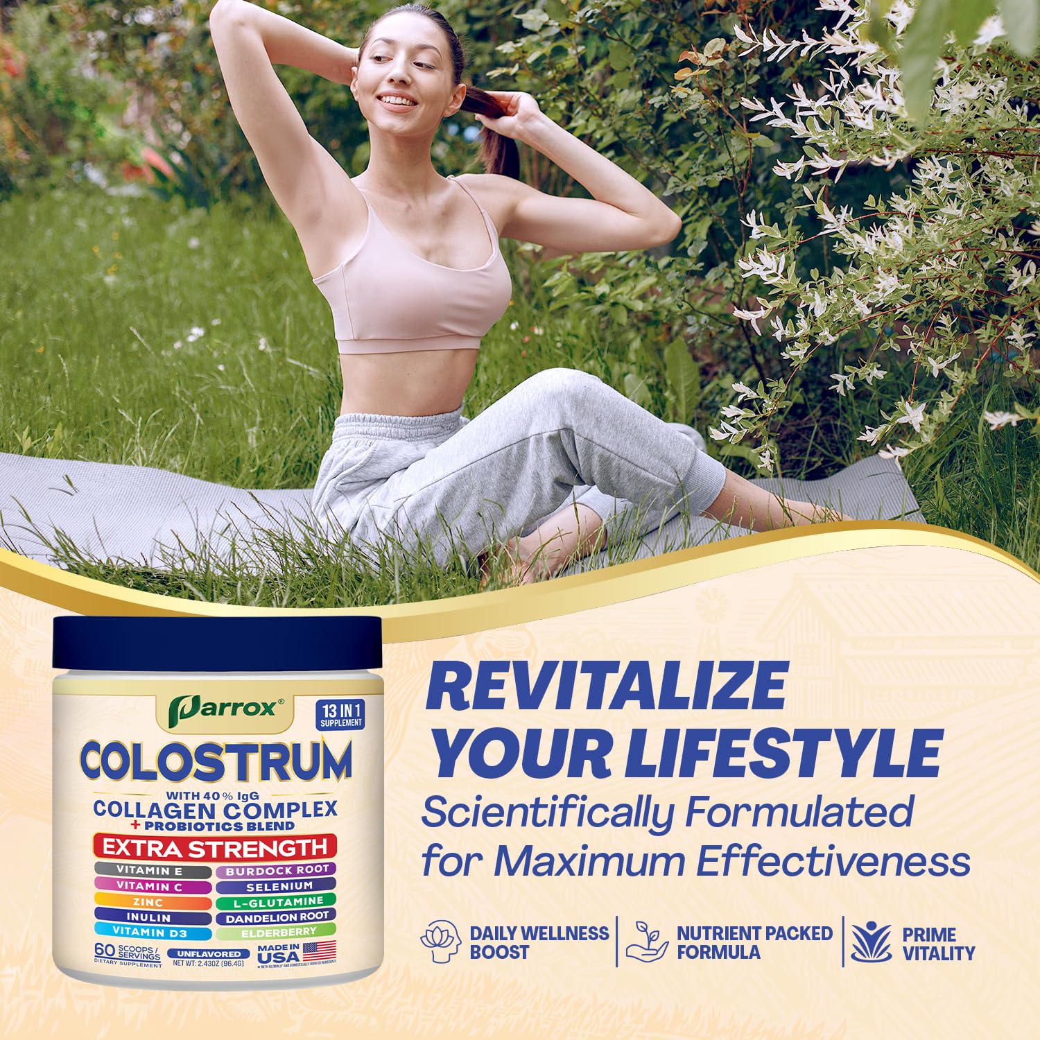 Parrox Colostrum Powder 40% IgG label detail on the container.