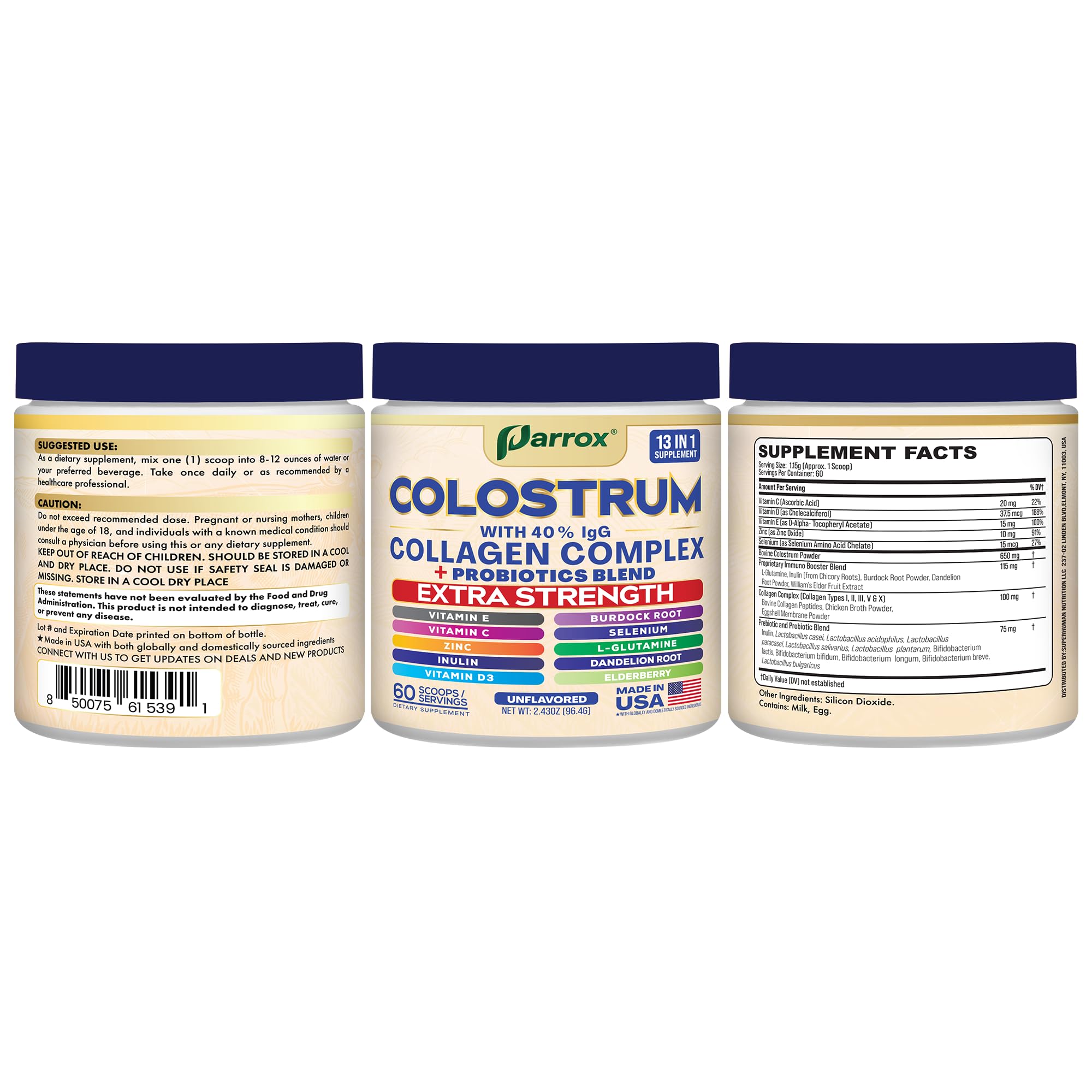 Parrox Colostrum Powder 60+ servings icon on the label.