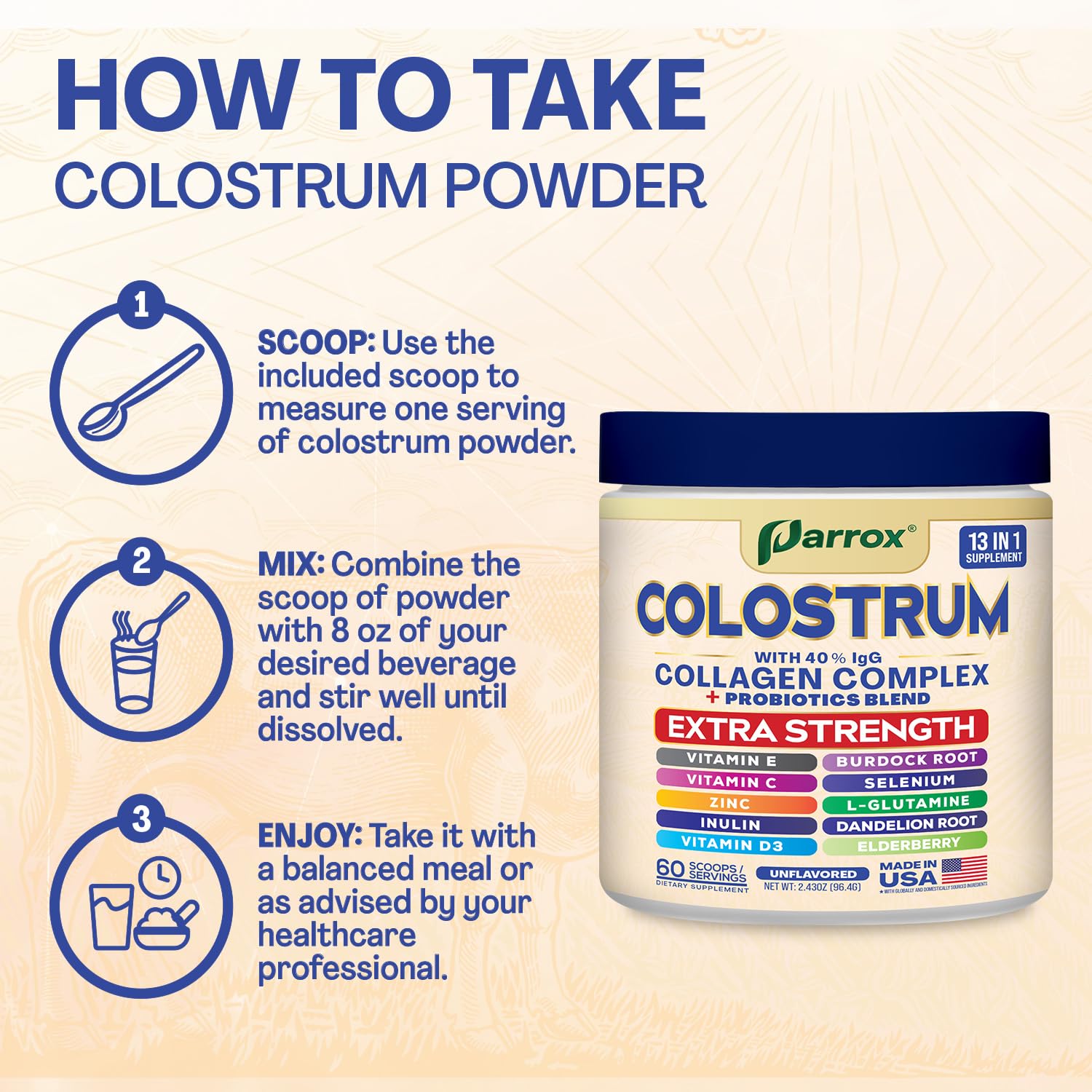 Parrox Colostrum Powder being added to a smoothie or drink.