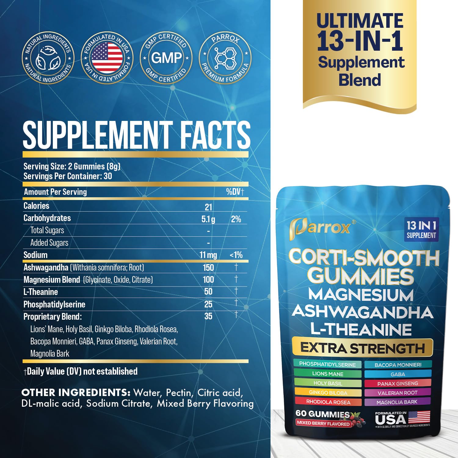 Parrox Corti-Smooth bottle back showing supplement details and ingredients