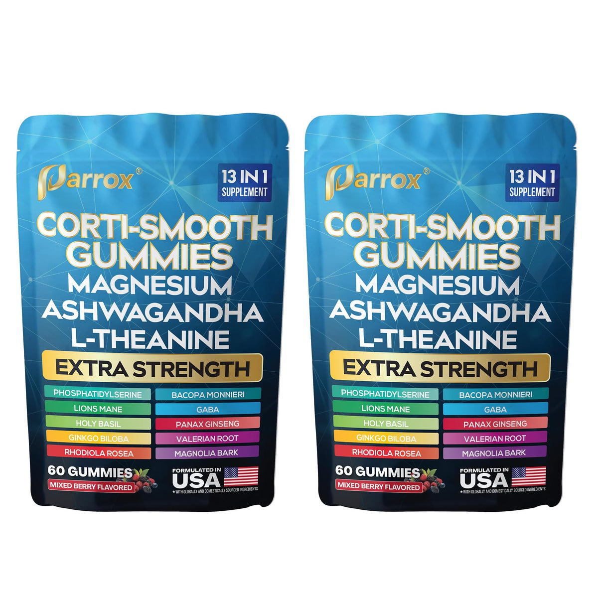 Parrox Corti-Smooth bottle front with berry gummies for daily support
