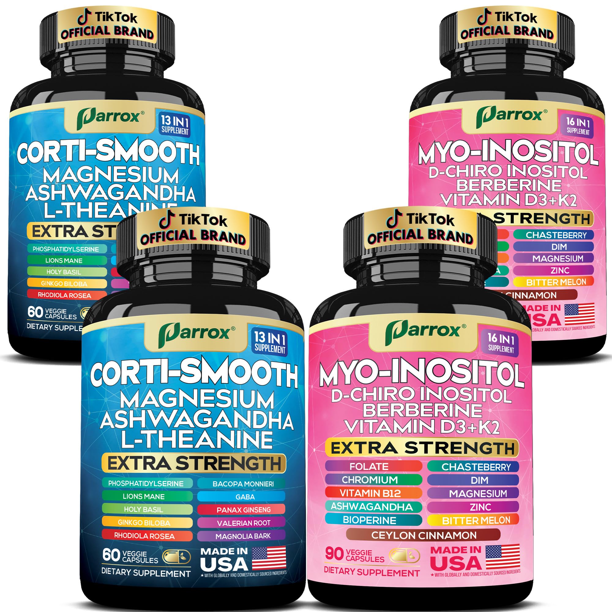 Parrox Cortisol & Myo-Inositol bundle bottle showing calm support and balance benefits