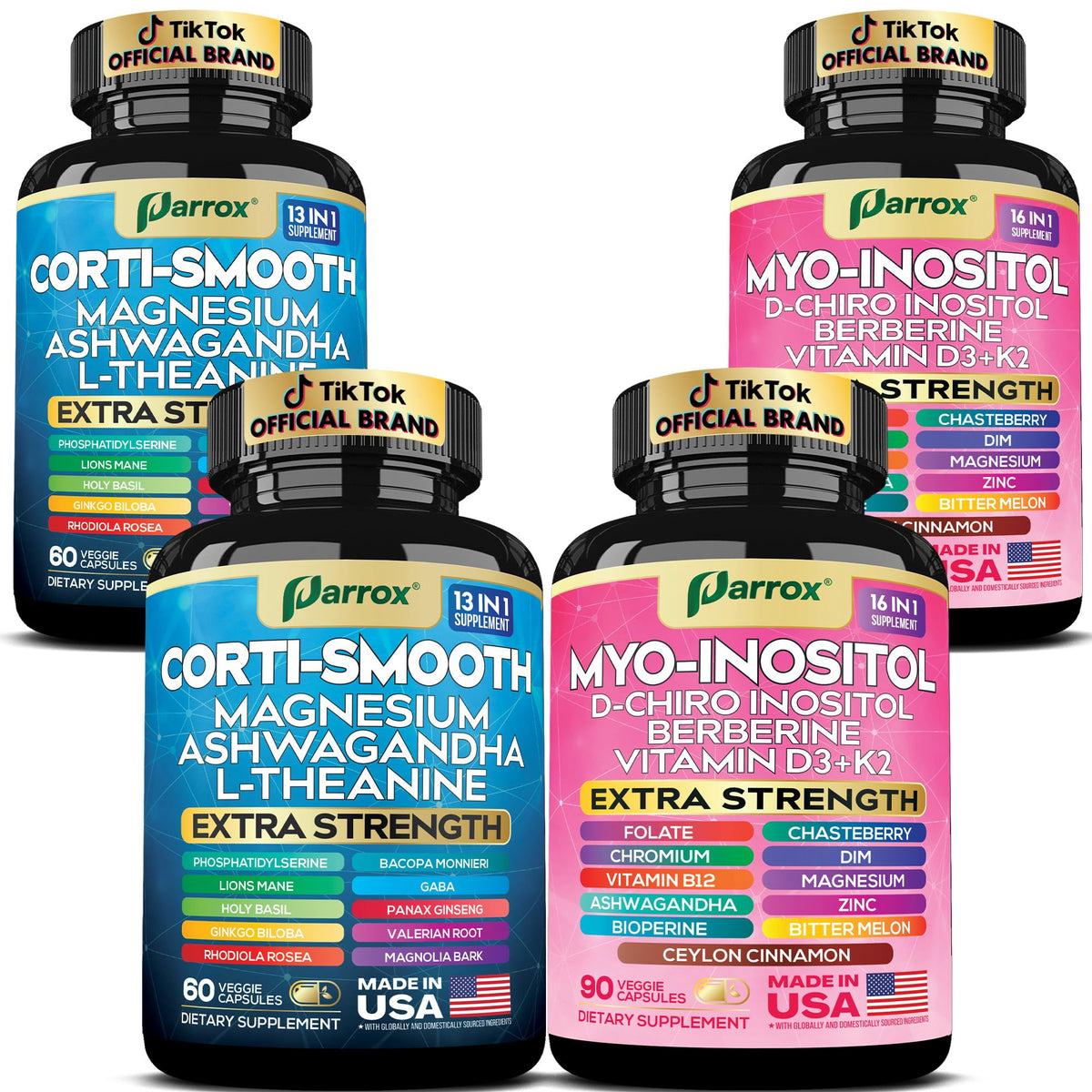 Parrox Cortisol & Myo-Inositol bundle bottle showing calm support and balance benefits