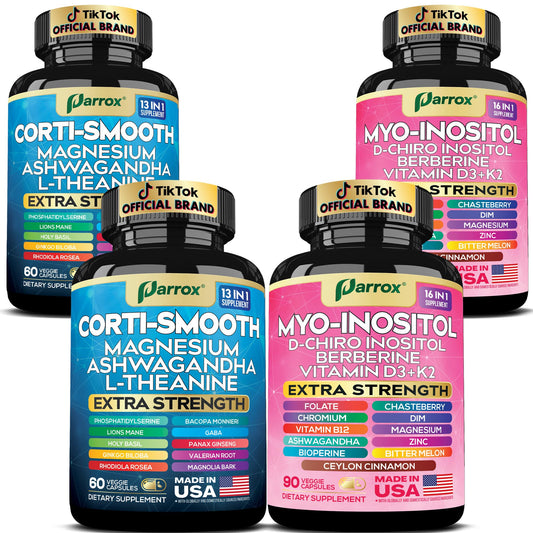 Parrox Cortisol & Myo-Inositol bundle bottle showing calm support and balance benefits