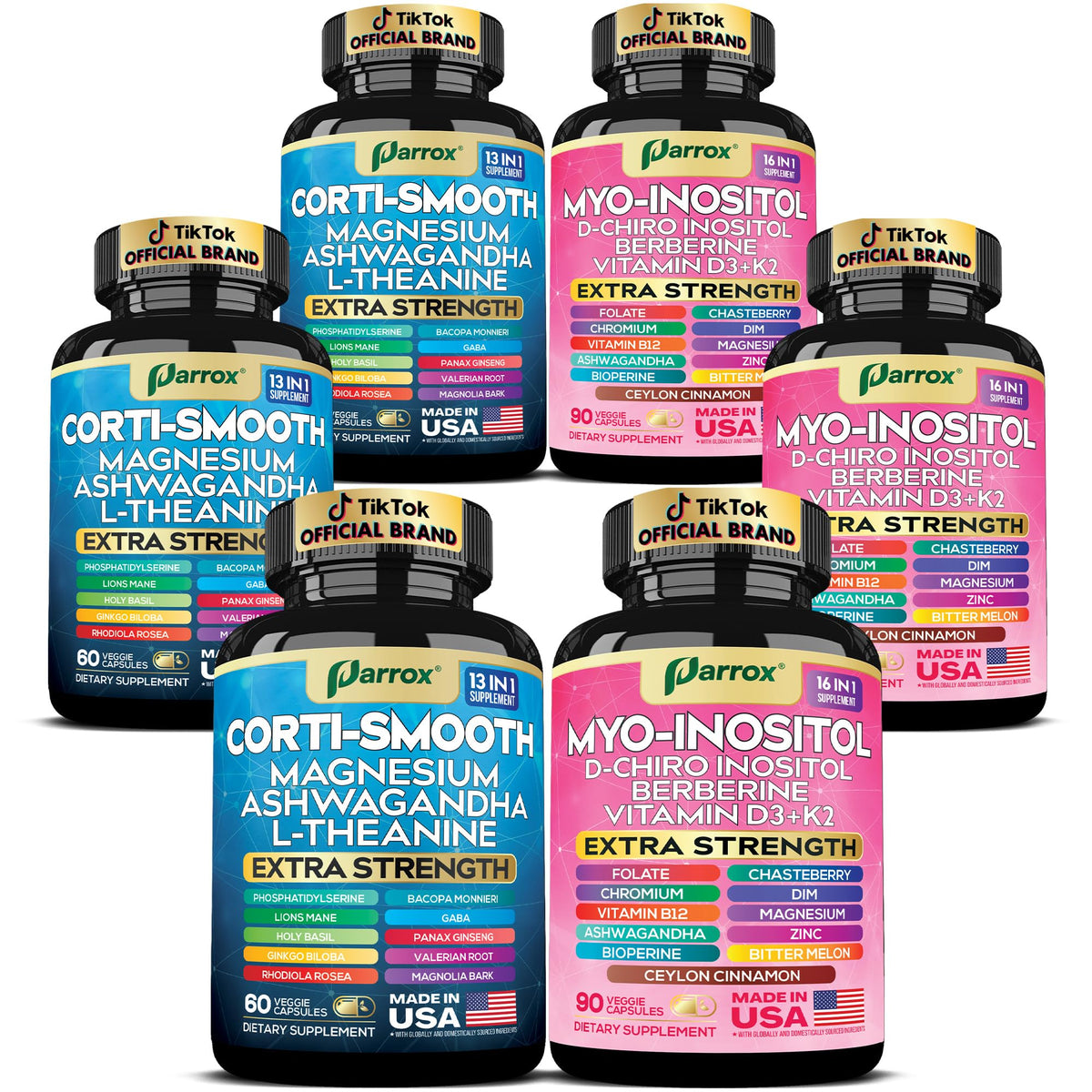 Parrox Cortisol & Myo-Inositol bundle bottle pour for daily balance and focused calm.