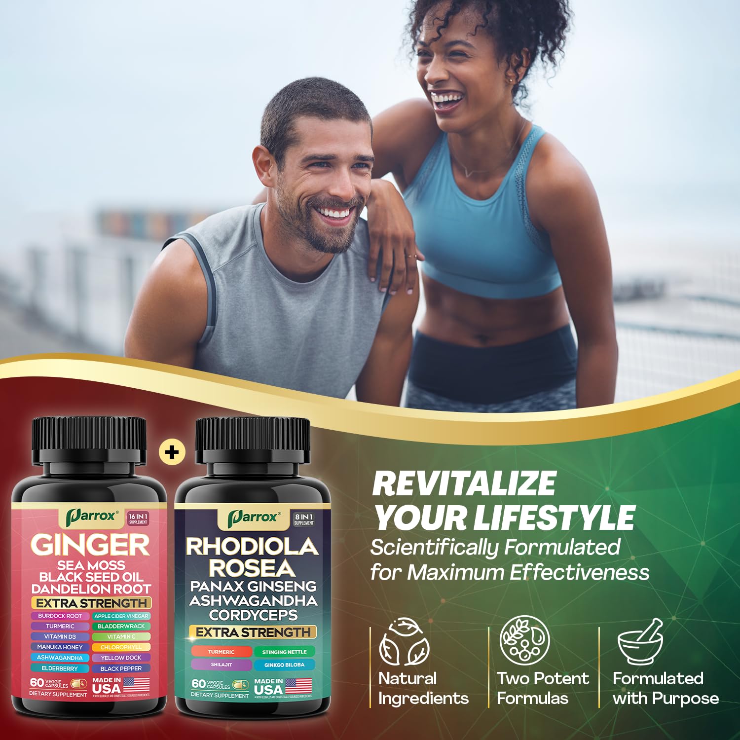 Parrox two-bottle system arranged together for easy daily supplementation.