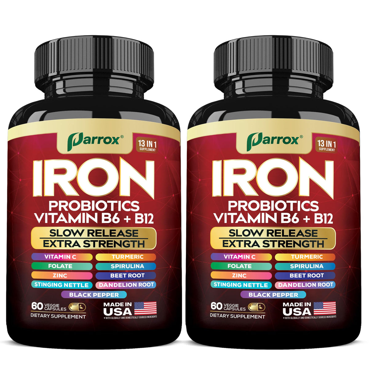 Parrox Elemental Iron bottle on a clean surface for convenient daily iron support.