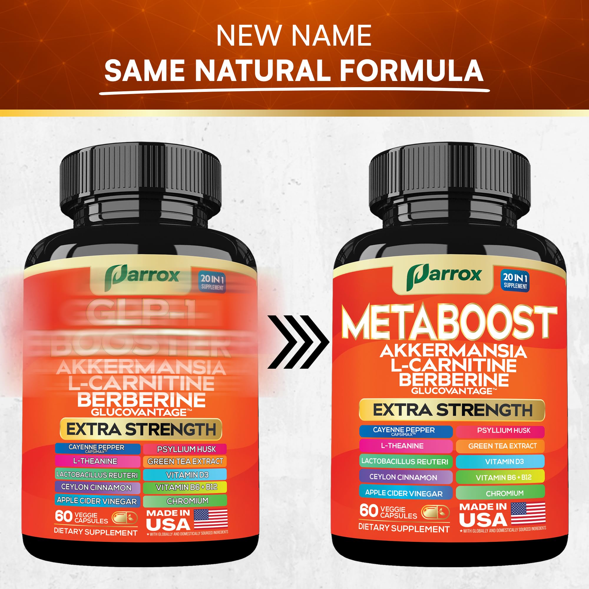 Parrox GLP-1 Booster bottle label close-up highlights vegan, non-GMO ingredients.
