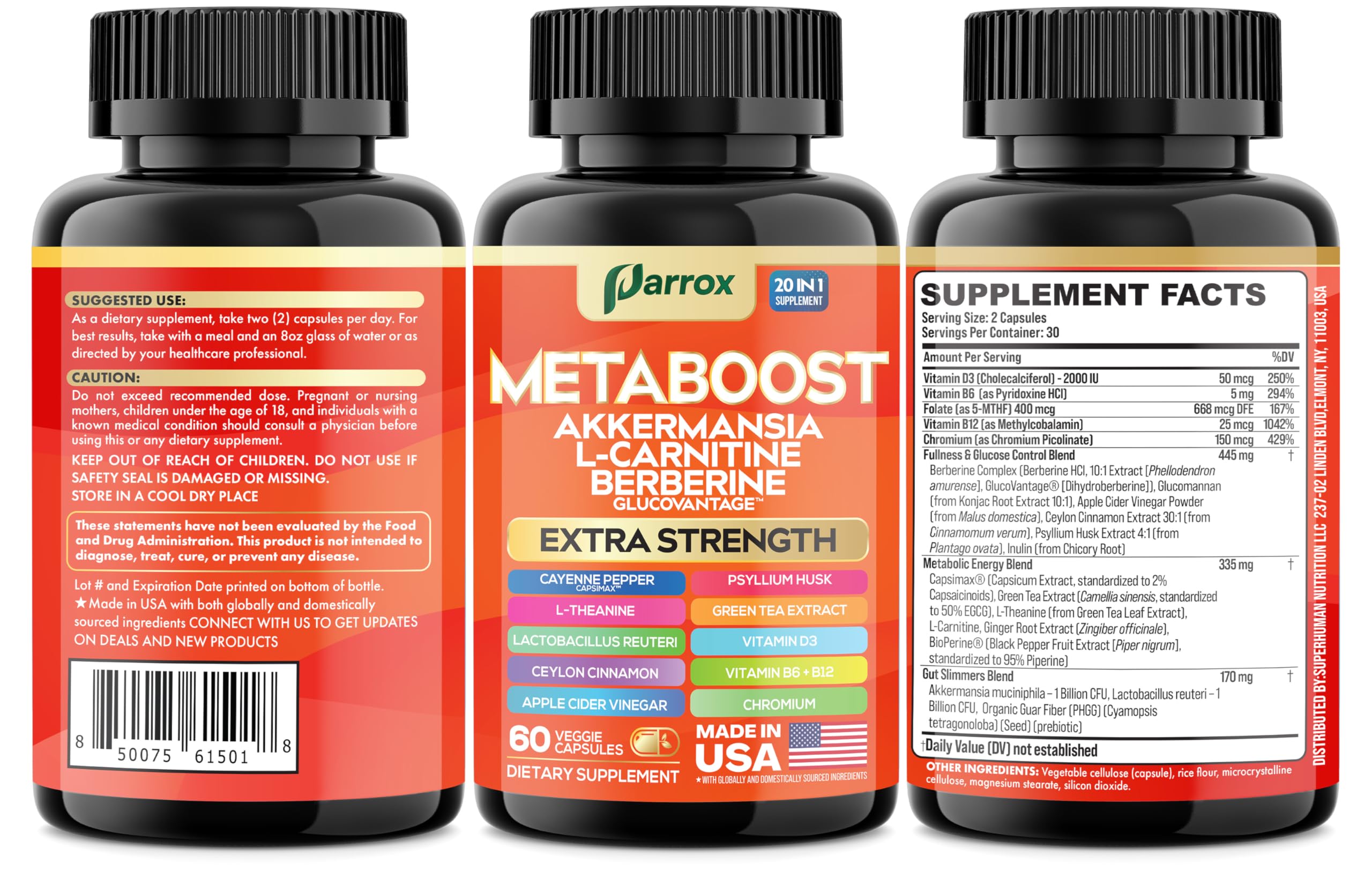 Parrox GLP-1 Booster USA-made label indicates vegan and gluten-free claims.