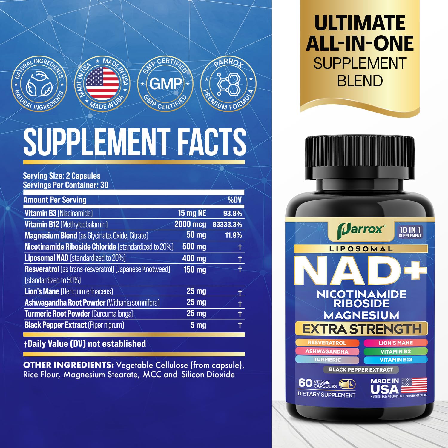 Parrox NAD+ capsule closeup highlighting the potent blend for cognitive focus.