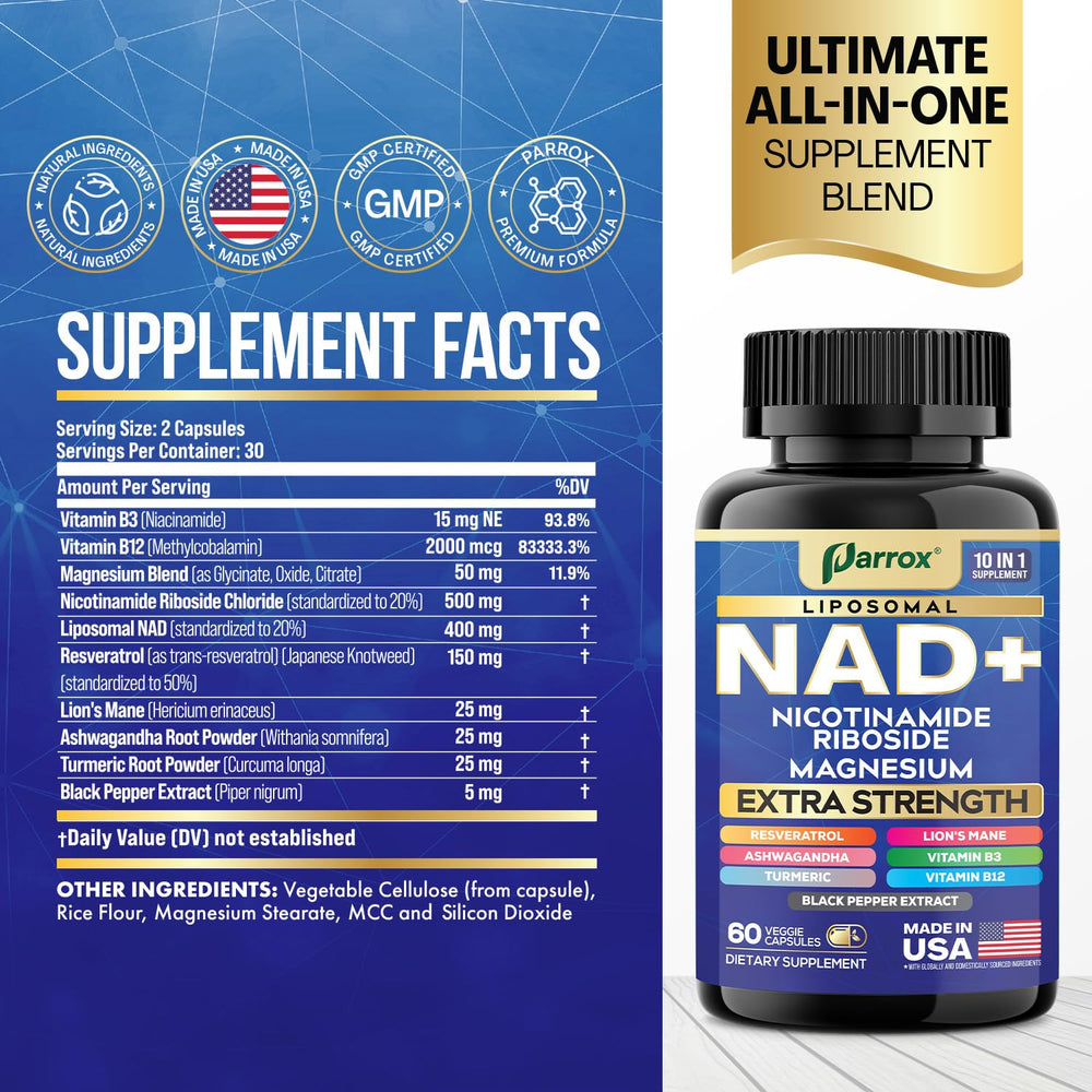 Parrox NAD+ capsule closeup highlighting the potent blend for cognitive focus.