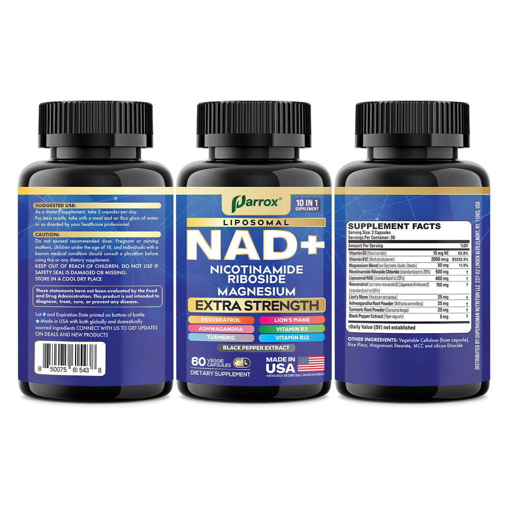 Parrox NAD+ USA-made GMP facility label reinforces quality and safety standards.