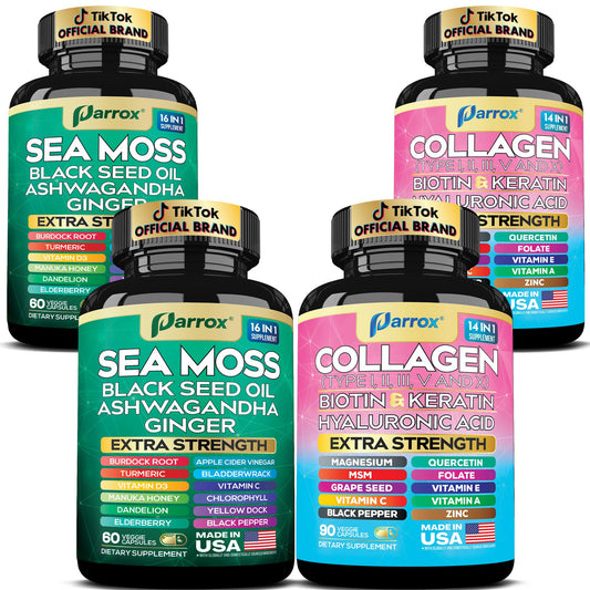 Parrox Radiant Wellness Sea Moss bottle showcases a capsule blend for daily botanical support