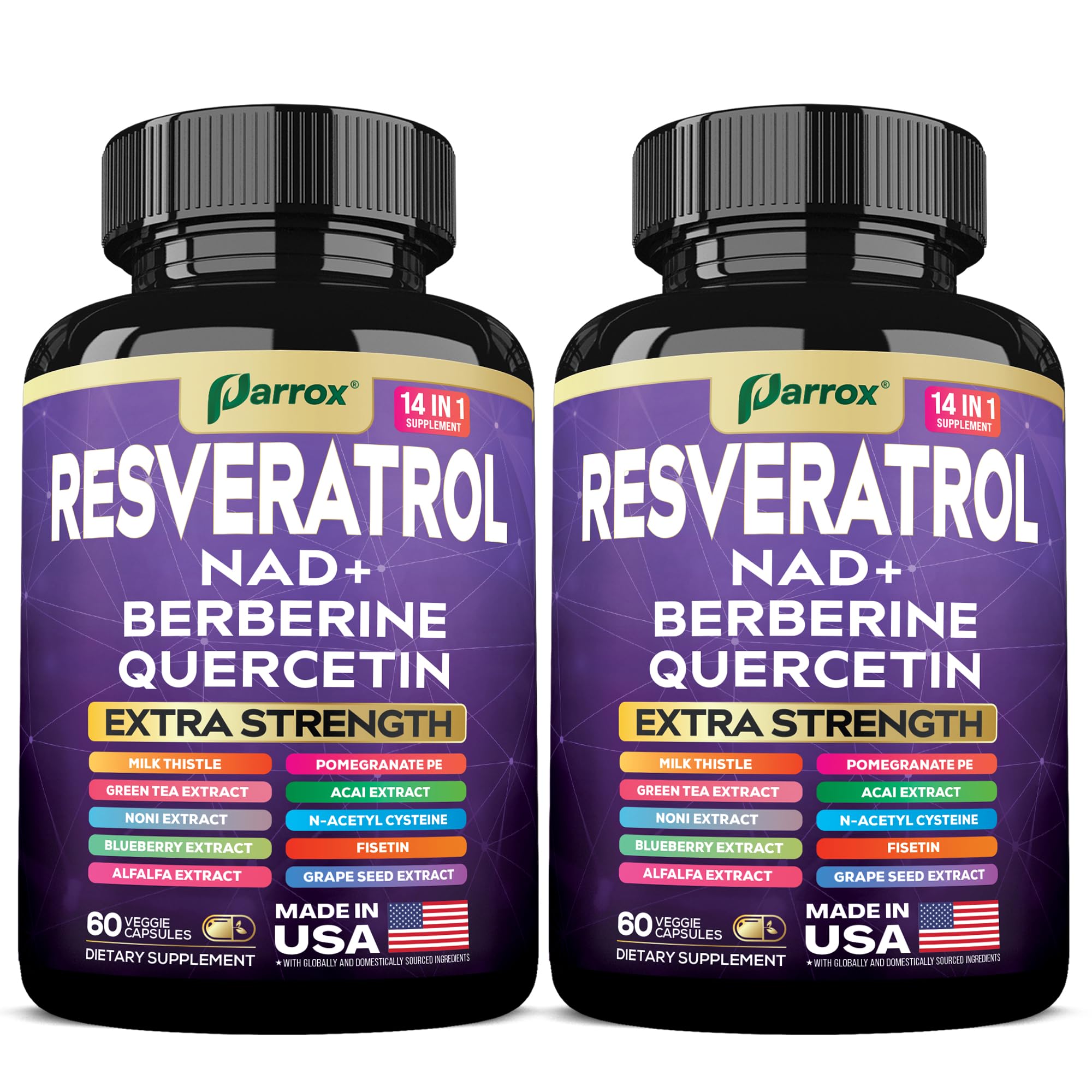 Parrox Resveratrol 14-in-1 bottle label highlights key ingredients and potency.