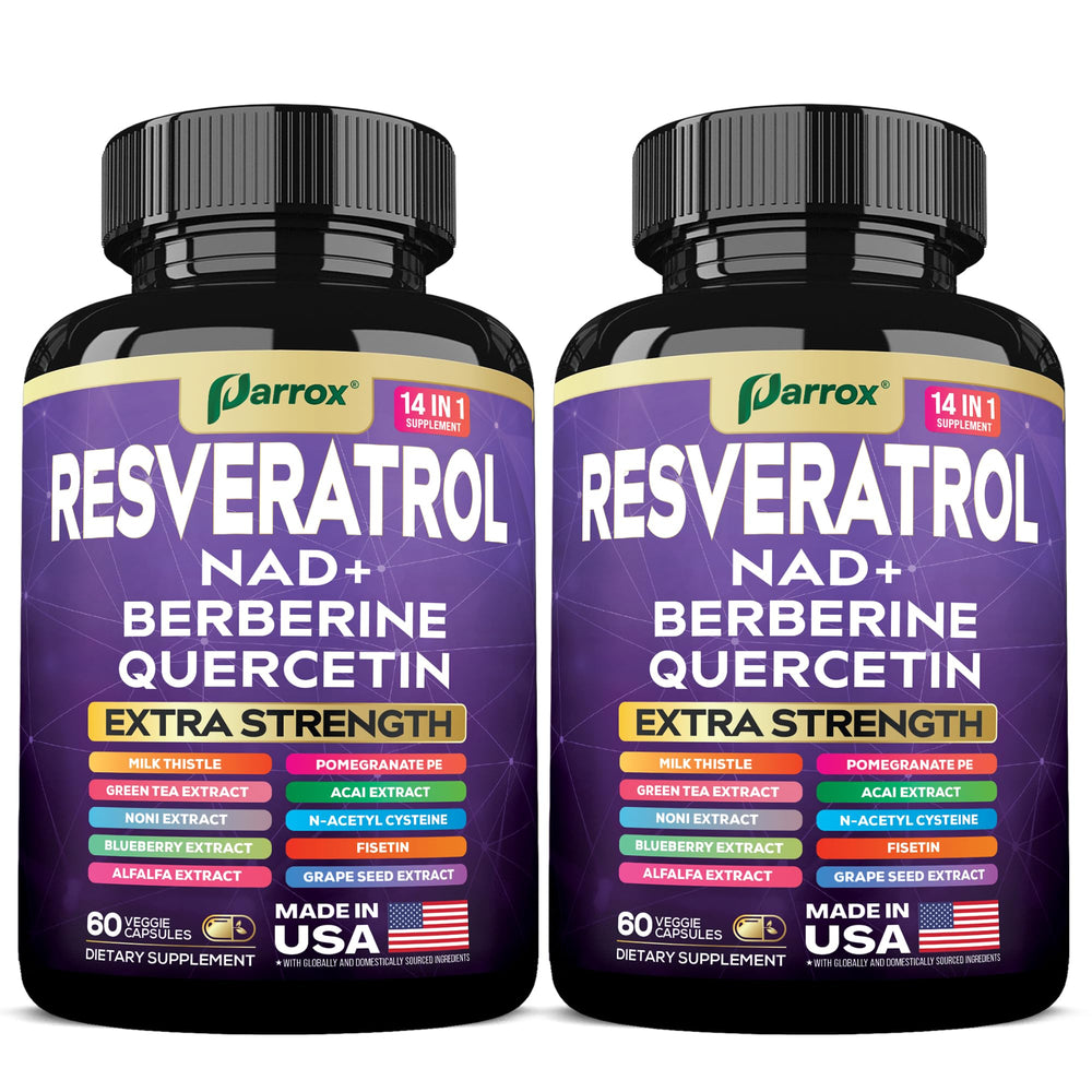 Parrox Resveratrol 14-in-1 bottle label highlights key ingredients and potency.