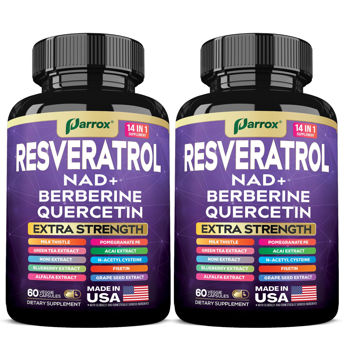 Parrox Resveratrol 14-in-1 bottle label highlights key ingredients and potency.