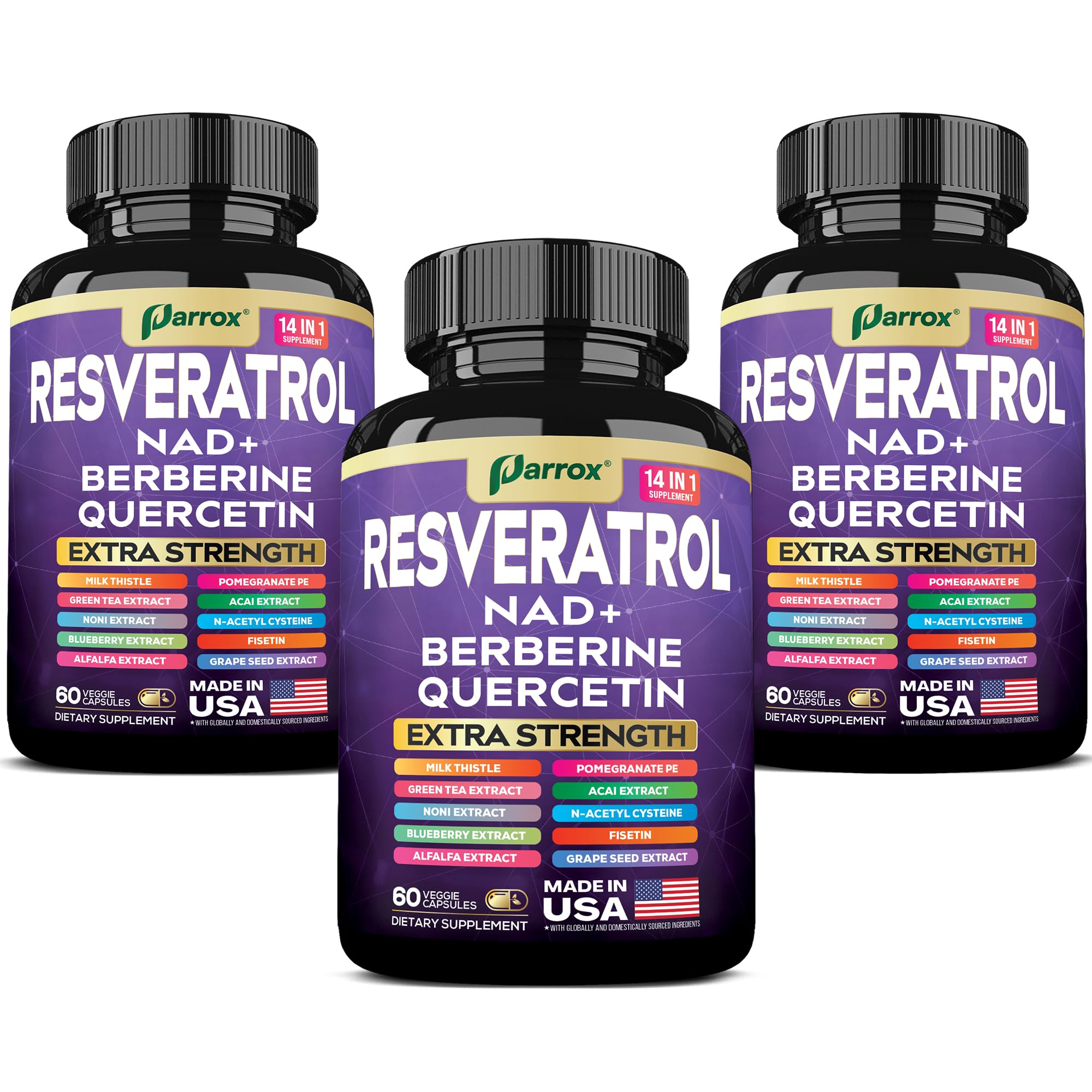 Parrox Resveratrol bottle on display highlighting the 14-in-1 formula for daily wellness.
