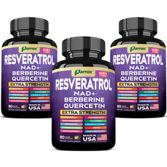Parrox Resveratrol bottle on display highlighting the 14-in-1 formula for daily wellness.