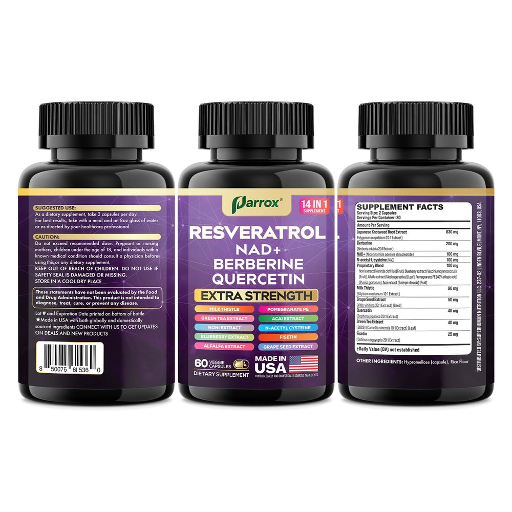 Parrox Resveratrol capsule with fisetin and blueberry acai visuals for antioxidants.