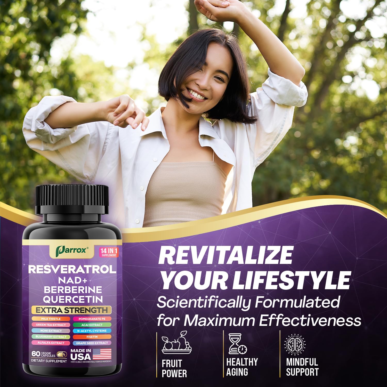 Parrox Resveratrol bottle design emphasizes grape seed extract.