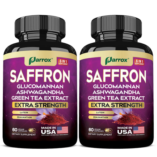 Parrox saffron supplement bottle highlights a 6-in-1 formula for daily wellbeing.