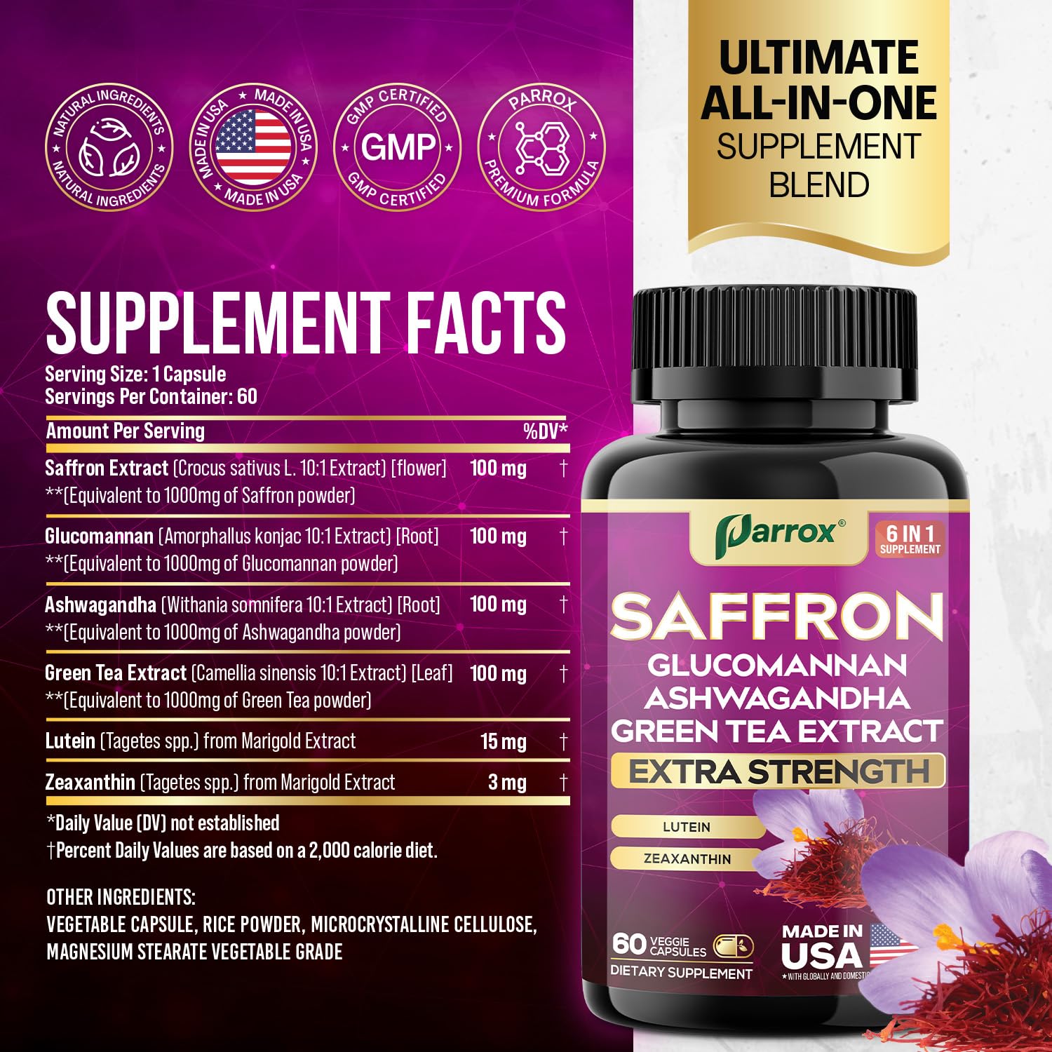 Parrox saffron supplement label closeup showing clean-label ingredients