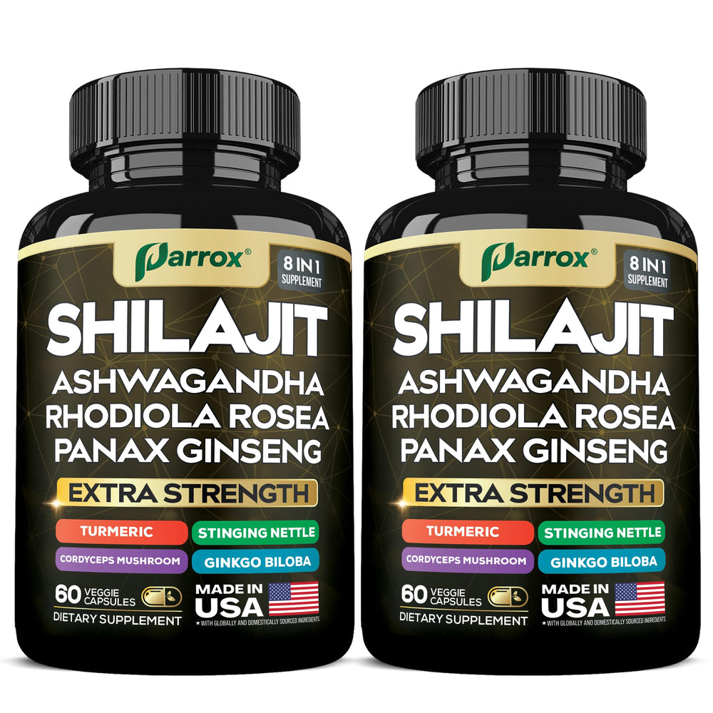 Parrox Shilajit 8-in-1 bottle front showing convenient daily capsules for balanced wellness