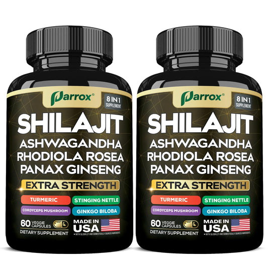 Parrox Shilajit 8-in-1 bottle front showing convenient daily capsules for balanced wellness