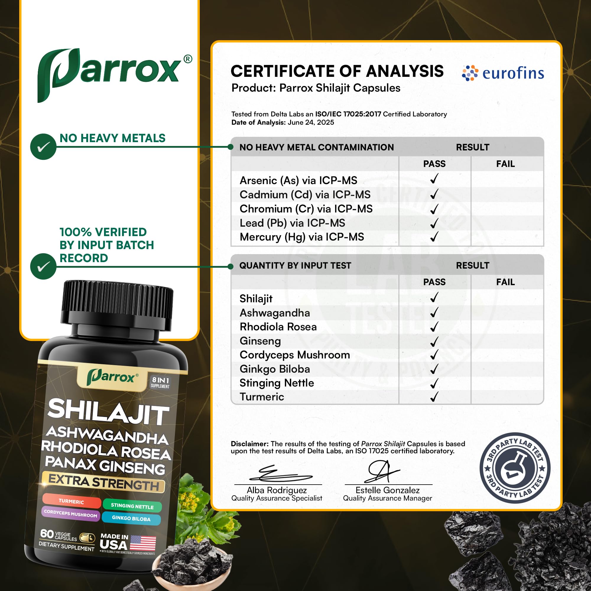 Parrox Shilajit 8-in-1 bottle with label emphasizing premium blend