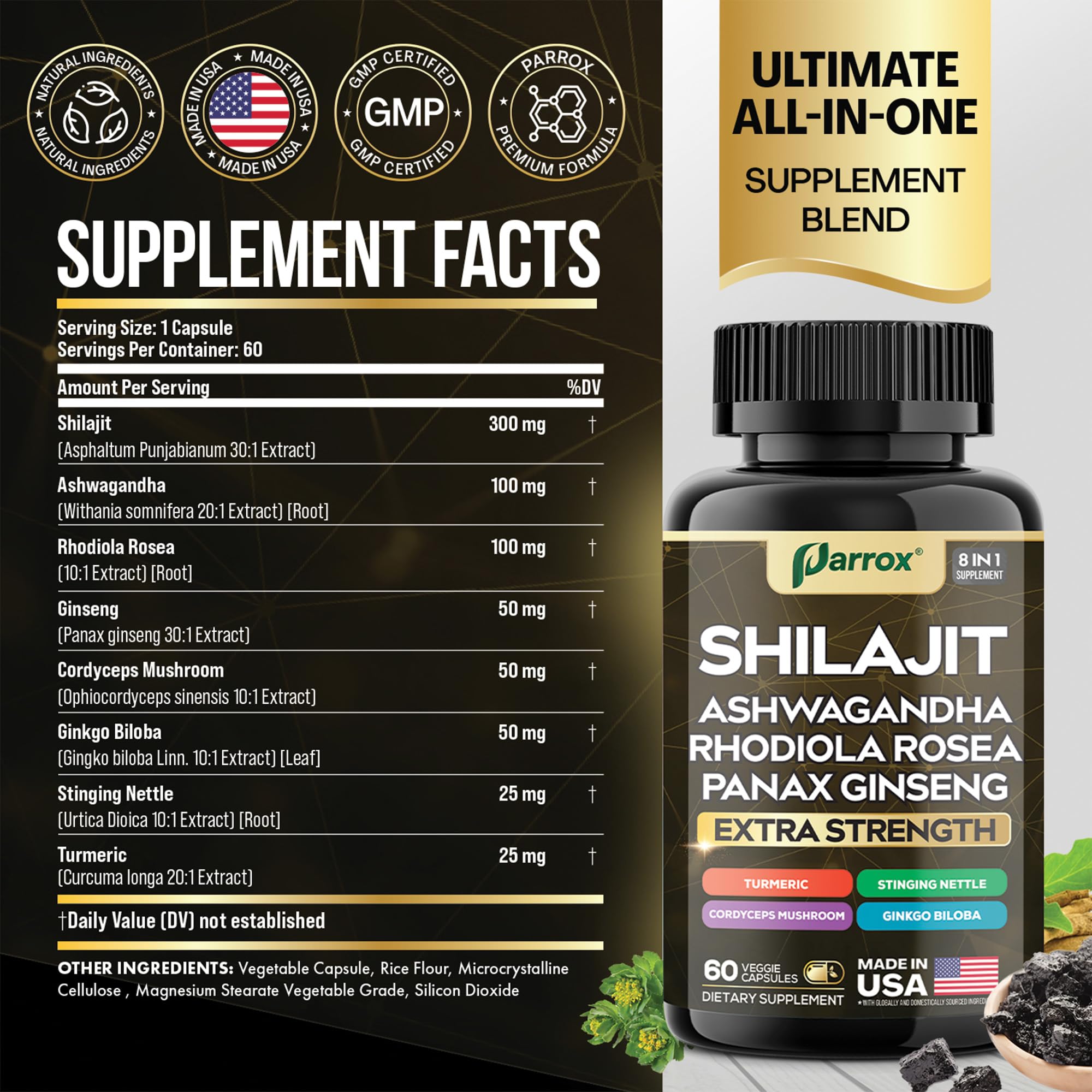Parrox Shilajit 8-in-1 capsules closeup for easy-to-take daily routine