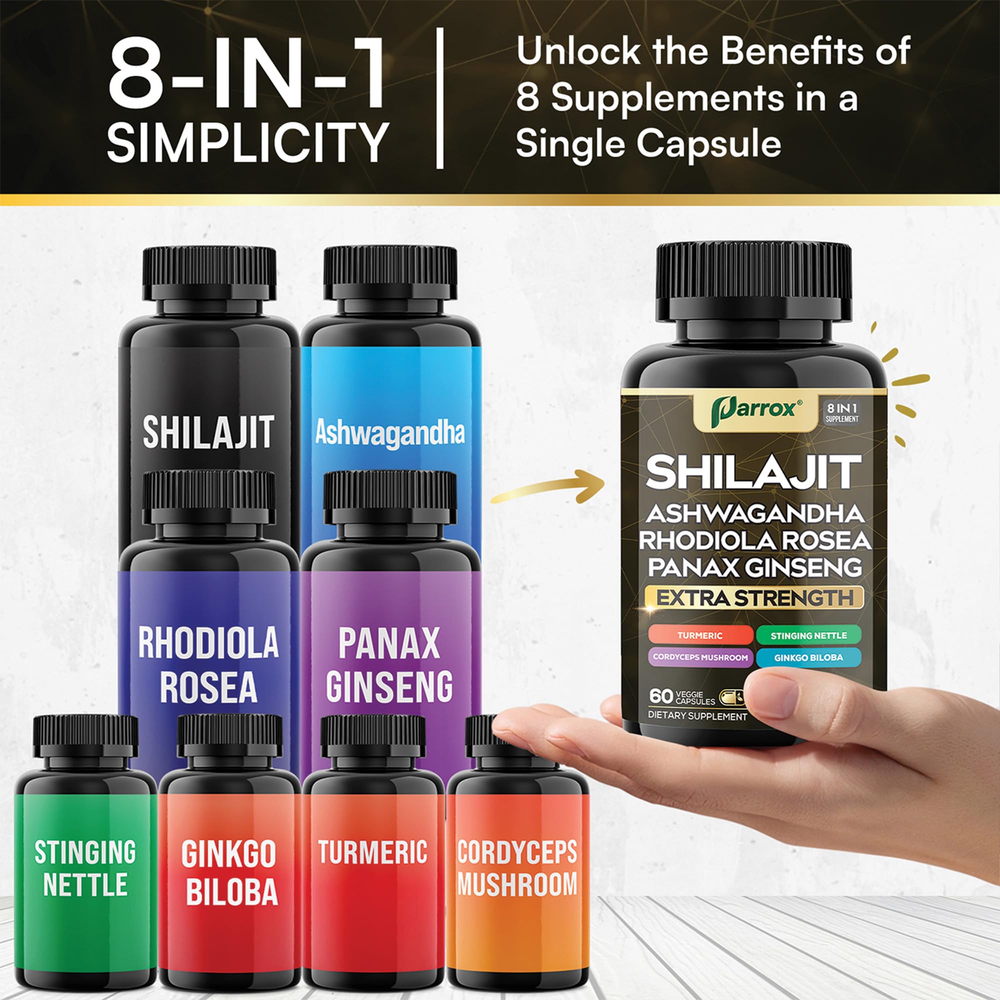 Parrox Shilajit 8-in-1 capsules spilled hinting at a ready-to-start routine