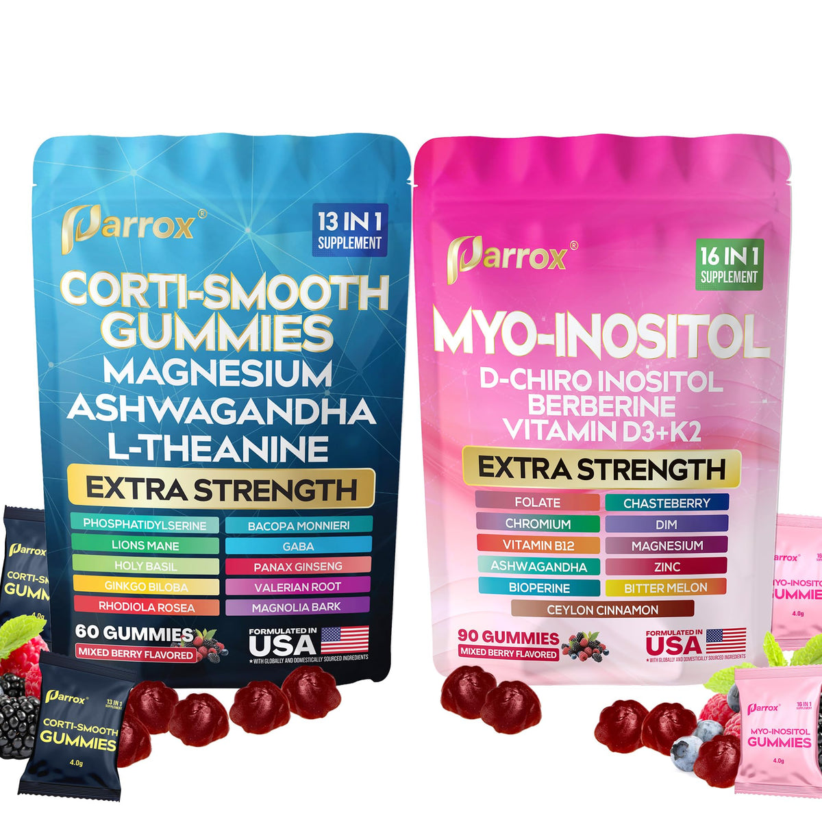 Parrox Soothe & Smooth Gummies bottle front with mixed-berry flavor for daily calm.