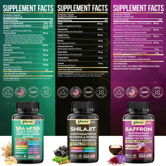 Parrox sea moss capsules showing 16-in-1 nutrient profile for holistic vitality