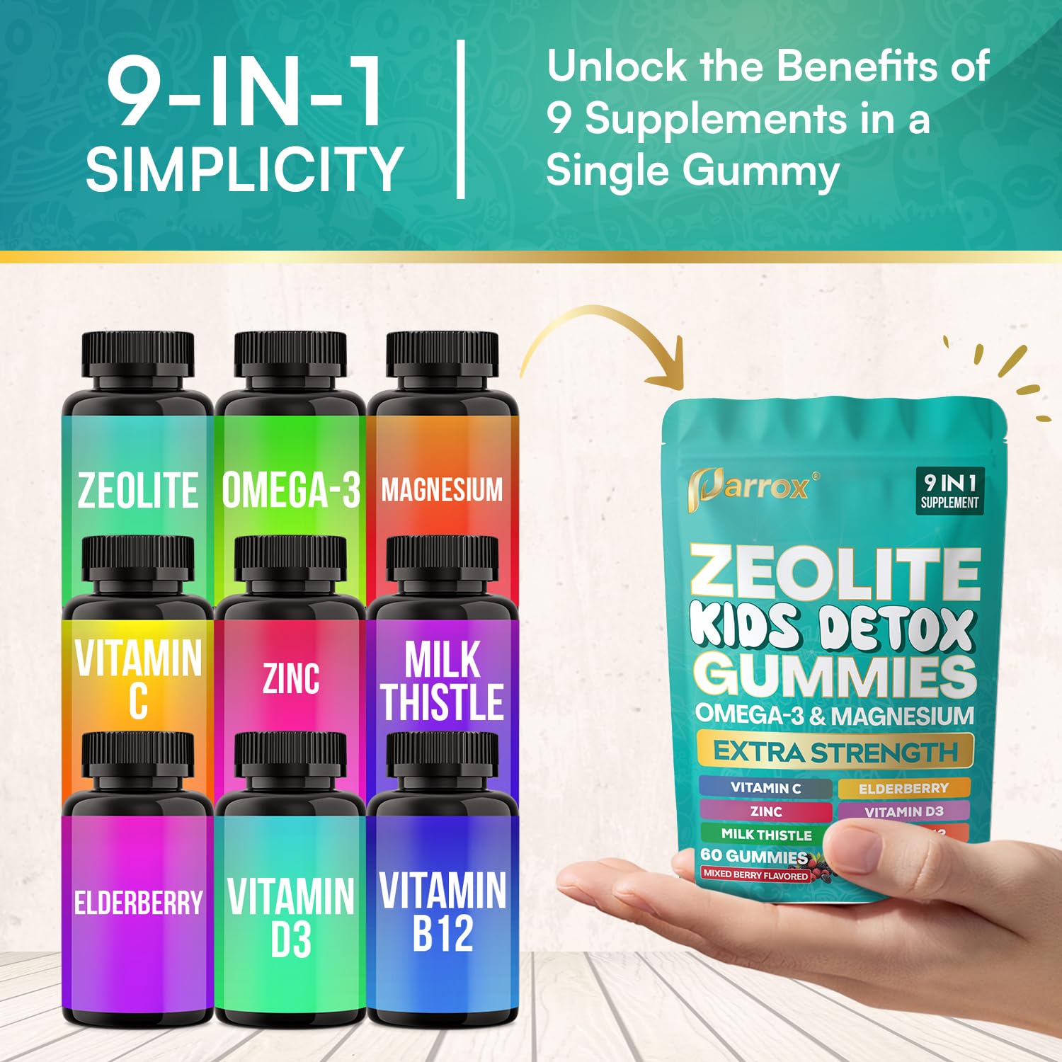 Parrox Zeolite Kids Detox Gummies ingredient panel reveals clean, gelatin-free ingredients.