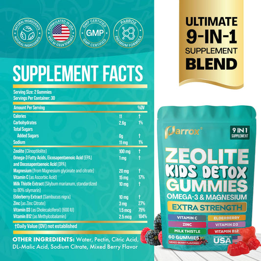 Parrox Zeolite Kids Detox Gummies close-up shows berry texture and sugar-free formula.