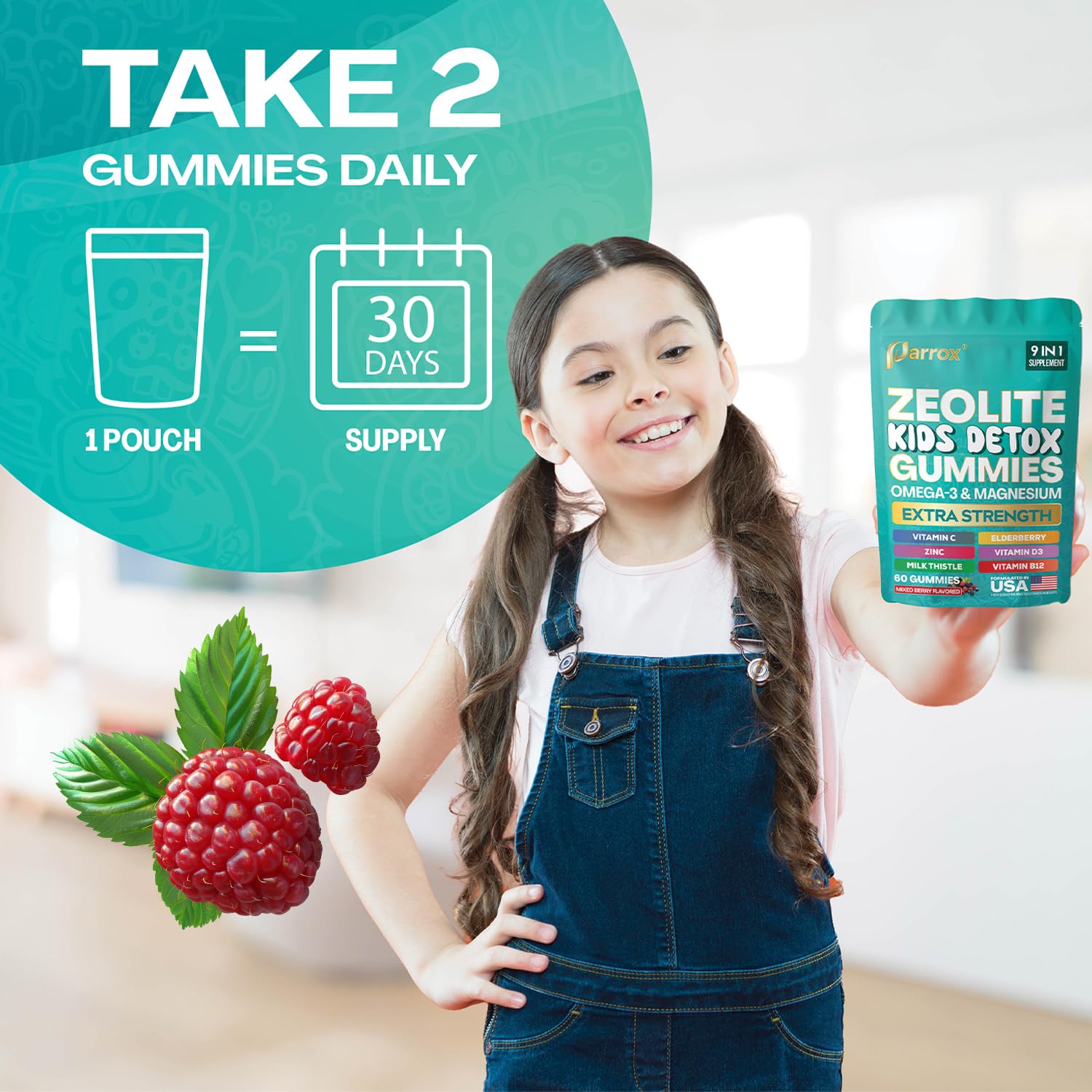 Parrox Zeolite Kids Detox Gummies label emphasizes non-GMO and sugar-free claims.