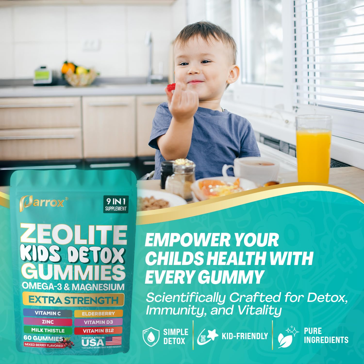 Parrox Zeolite Kids Detox Gummies on-the-go in a school bag.