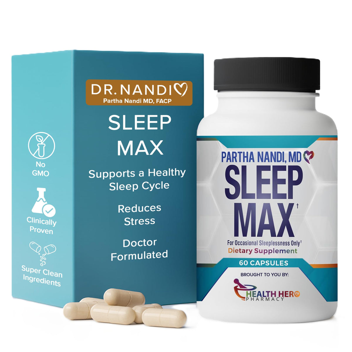 Partha Nandi, MD Sleep Max bottle close-up shows a non-habit forming sleep aid